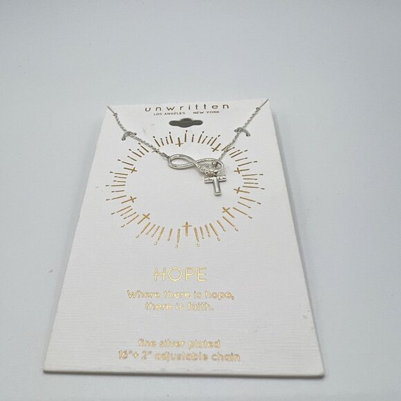 UNWRITTEN Infinity "Hope" and Cross Slider Necklace in Silver-tone MSRP $35 NWT - Picture 3 of 4